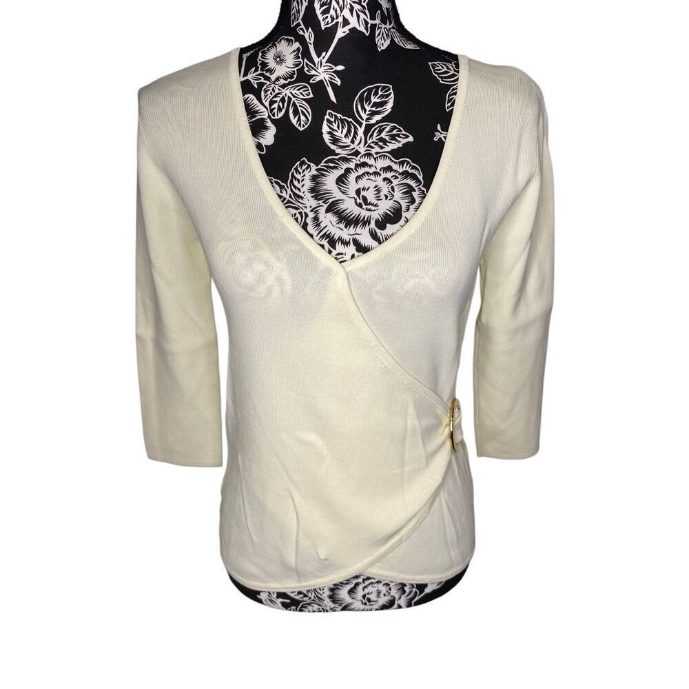 Cream Ribbed Faux Wrap Sweater Gold Ring Detail Stretch Knit Top Boho Formal